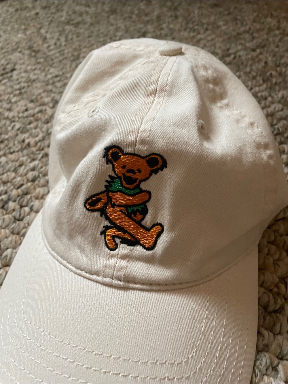 Grateful Dead Cream Cap with Orange Dancing Bear and Green Scarf